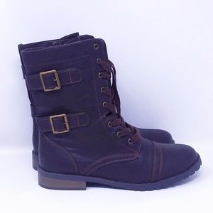 Women' s Brown Lace Up Zip Up Double Buckle Combat Boots